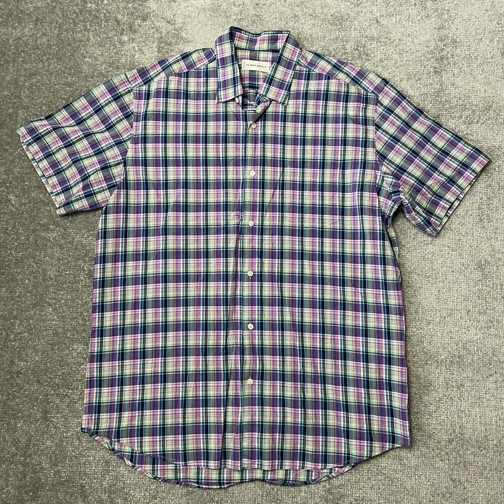 Neiman Marcus Shirt Mens Large Colorful Plaid Short Sleeve Button Up Preppy